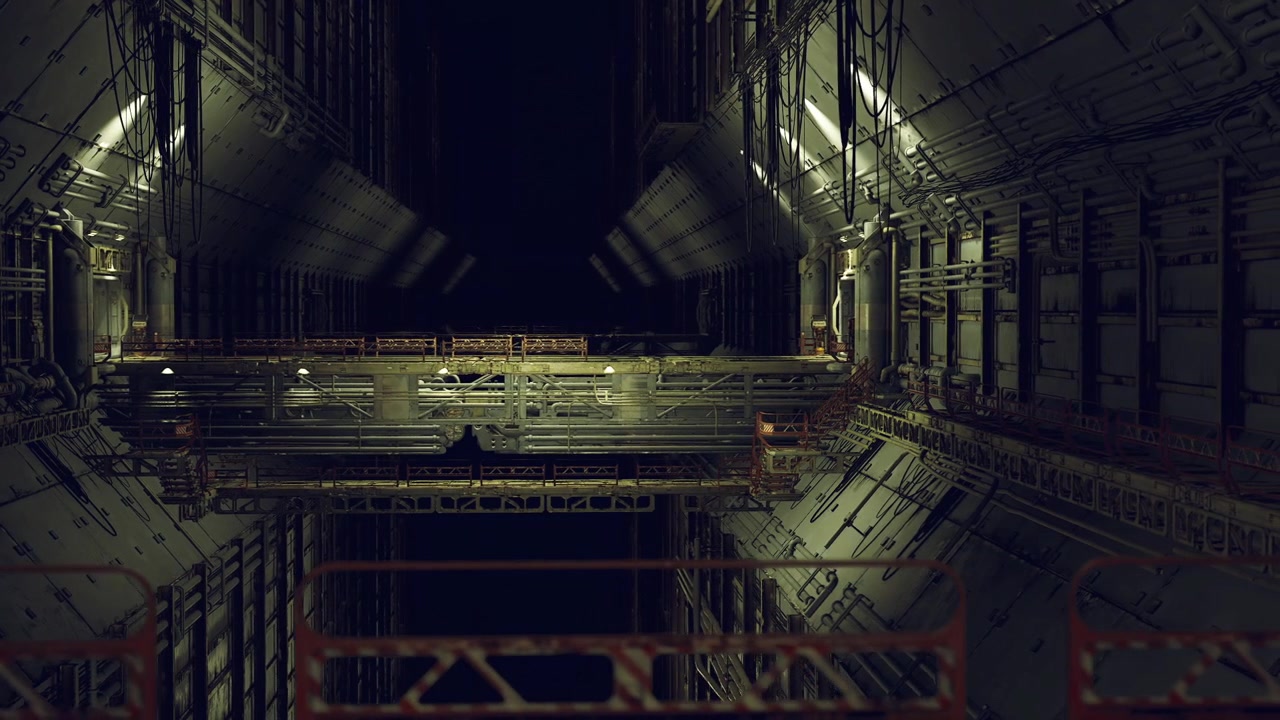 Hall de bunker restreint avec tuyauteries métalliques, structure en béton et éclairage tamisé