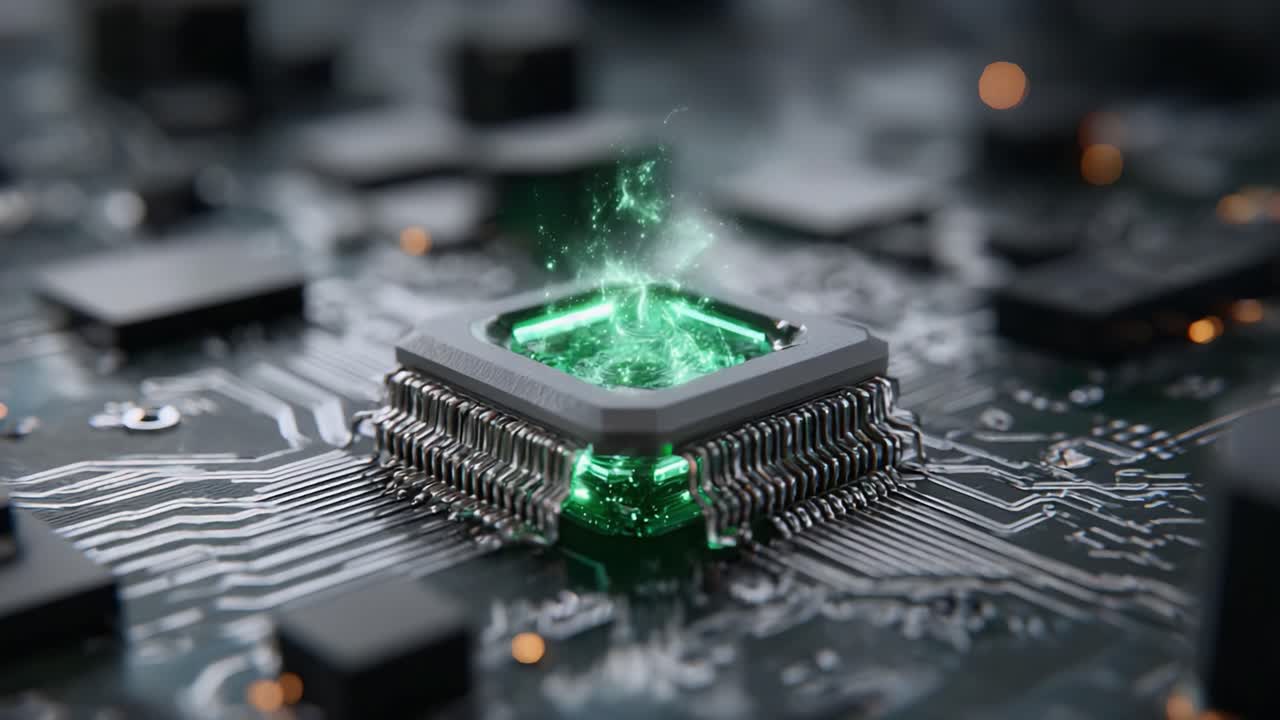 A Stunning Visual Transformation of a Microprocessor Chip Emitting Vibrant Green Energy Amidst Circuitry, Highlighting the Intersection of Technology and Imagination