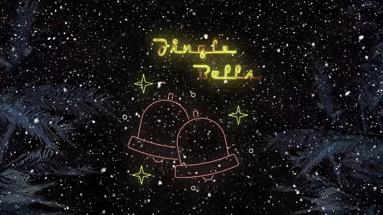 크리스마스 때 종과 눈이 떨어지는 jingle bells 텍스트의 애니메이션