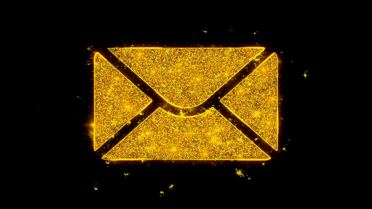 el icono del correo hace chispas de partículas sobre un fondo negro.