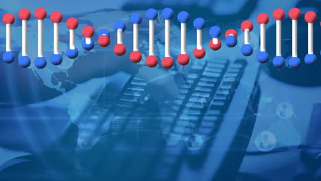 animación de una cadena de adn sobre un hombre de negocios usando una computadora