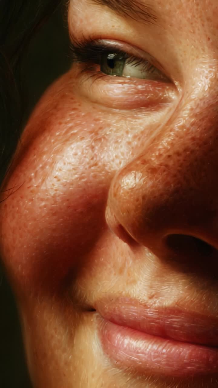 Primo piano di una persona sorridente con lentiggini e texture della pelle naturale, che mette in mostra le emozioni umane e la bellezza dei difetti in un ambiente con luce soffusa