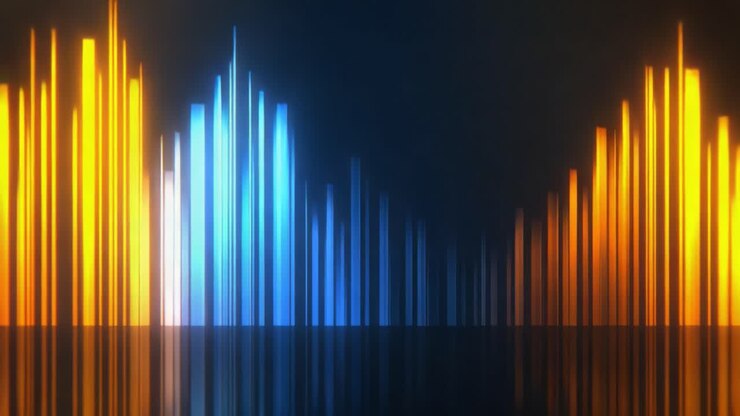 Dynamisk visning af audio visualisering med livlige orange og blå farveforløb, der skaber en fængslende rytme- og frekvensspektrumrepræsentation