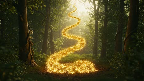 A Mystical Path of Light Illuminates a Dense Forest, Twisting Through Lush Greenery and Creating an Enchanting Atmosphere Full of Wonder and Discovery