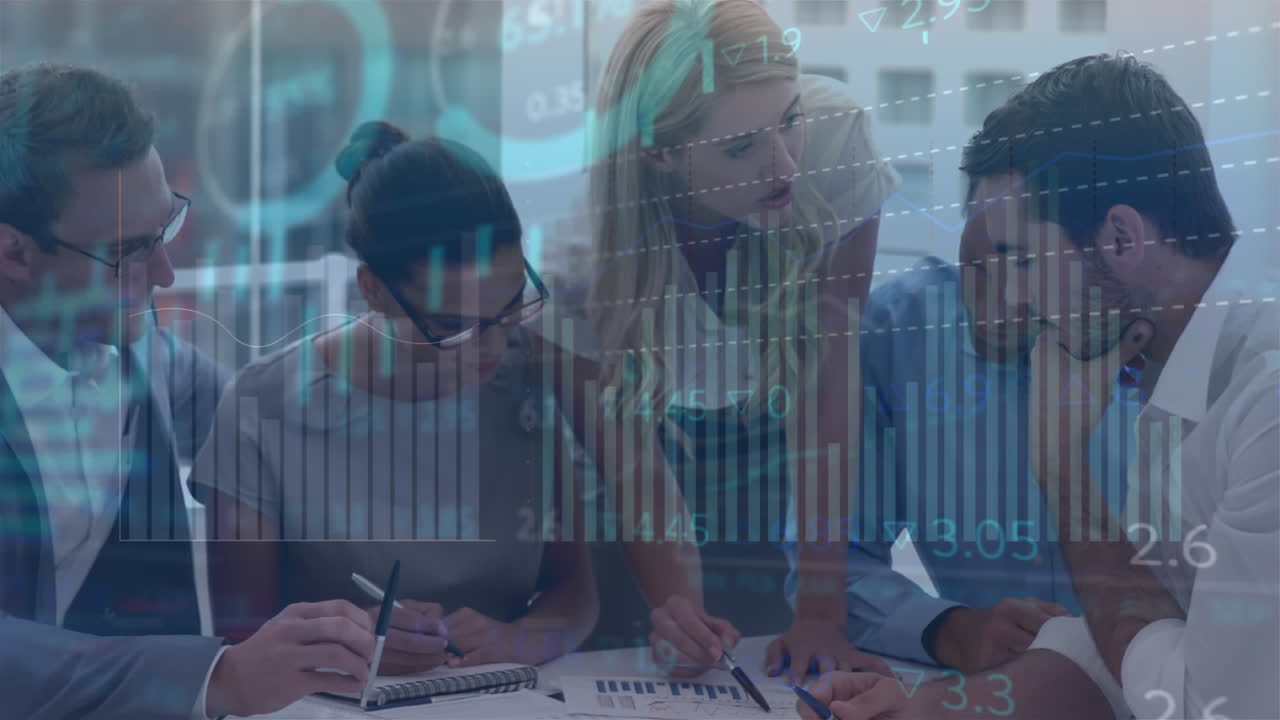 Animation of stock market data processing over diverse businesspeople discussing together at office