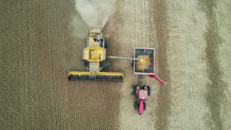 a combine in wisconsin transfers his load of soybeans to an open trailer being pulled by a tractor