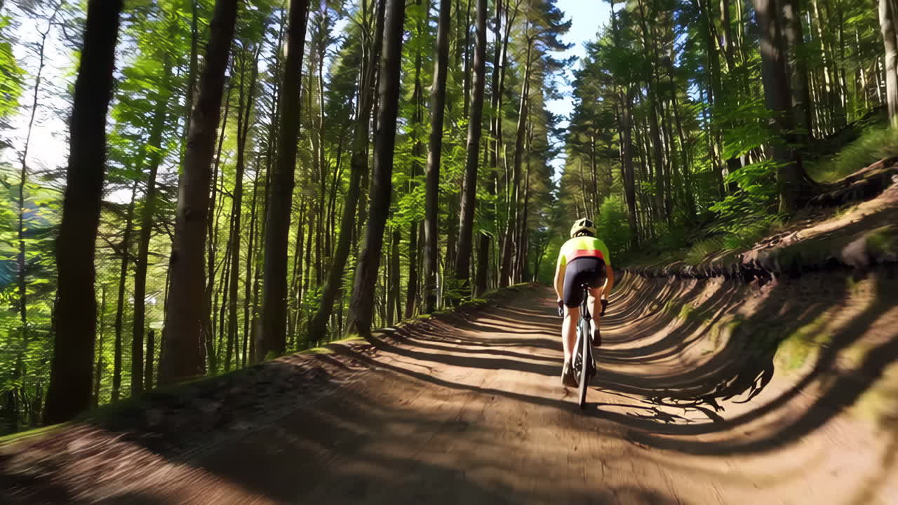 Mountain biking through a sunlit forest trail