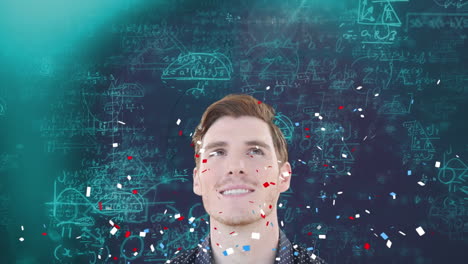 animation of confetti falling and mathematical equations over caucasian businessman