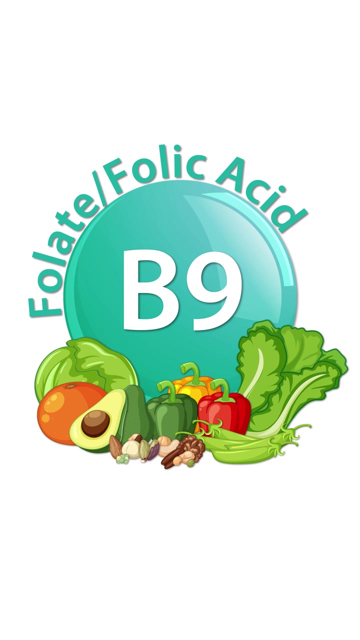 Animasi halus menampilkan ikon vitamin B9 yang mengkilap, teks yang membesar, serta sayuran dan kacang-kacangan berwarna-warni di latar belakang putih bersih, menekankan nutrisi