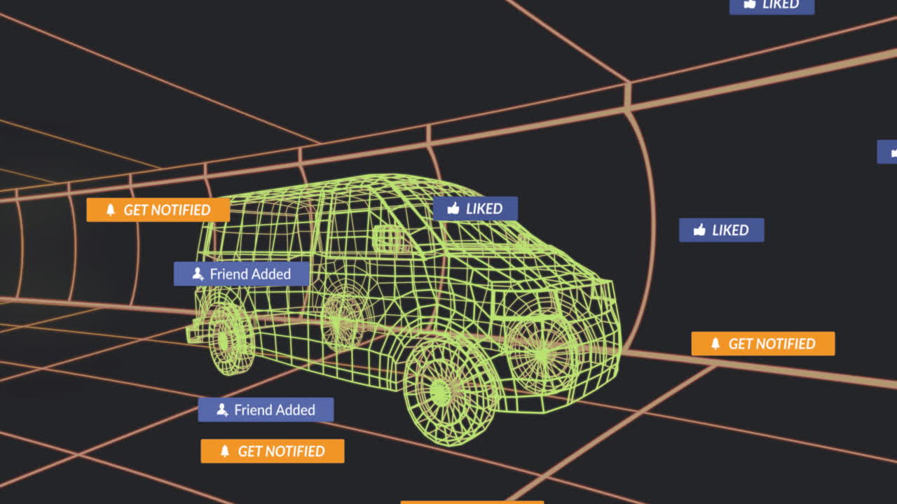Animation of wireframe van surrounded by social media notifications in digital space