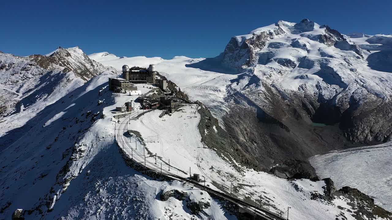 Mountain train station in Zermatt, Switzerland. Matterhorn. Aerial shot in Winter