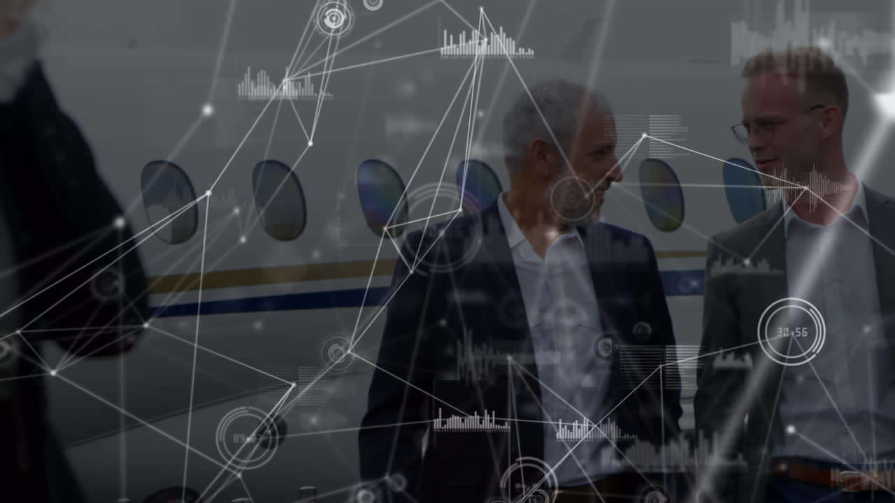 animación de redes de conexiones a través de múltiples personas de negocios hablando en el aeropuerto