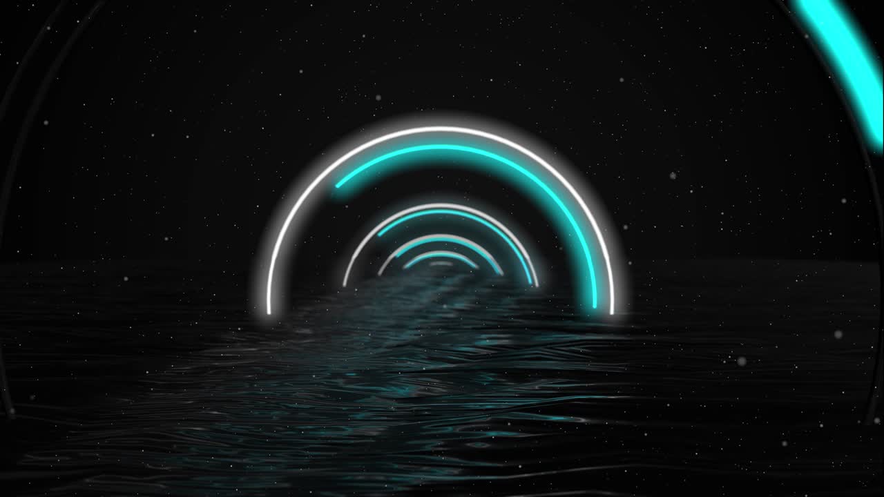 밝은 네온 프레임은 물 속의 빛의 네온 스트럼으로 반이고, 연기가 인 배경은 이없는 루프, 3d 렌더링, 원, 분홍색, 파란색, 색.