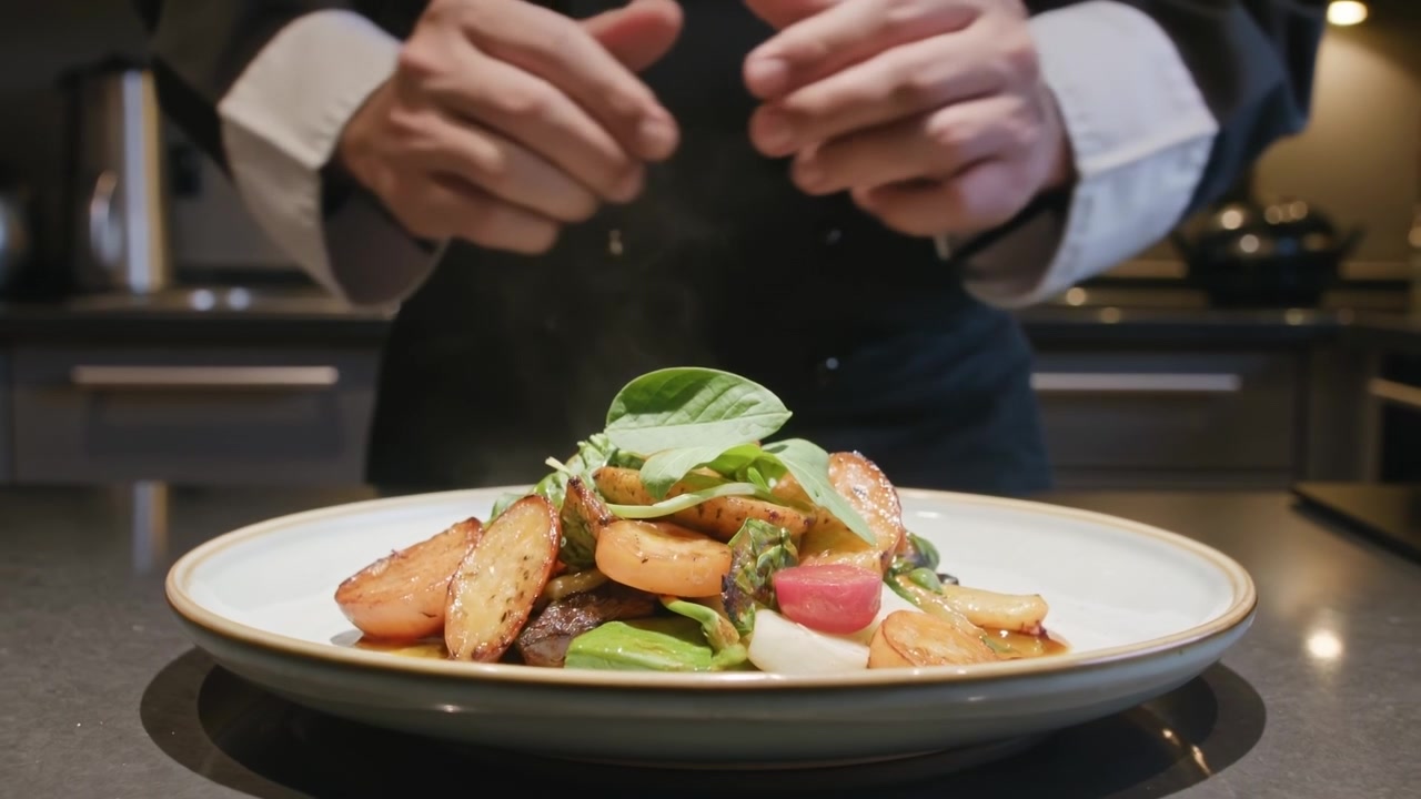 Professionel kok pynter forsigtigt en gourmetret med friske grønne blade i et restaurantkøkken