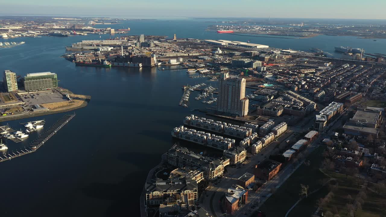 Cinematic Aerial View on Baltimore Maryland USA Inner Harbor Marina and Modern Buildings on Waterfront