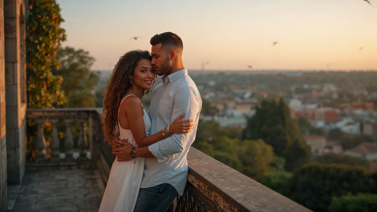 Homem inclinado beijando a têmpora dela enquanto demonstra afeto em uma sacada de pedra ao pôr do sol, vestido branco
