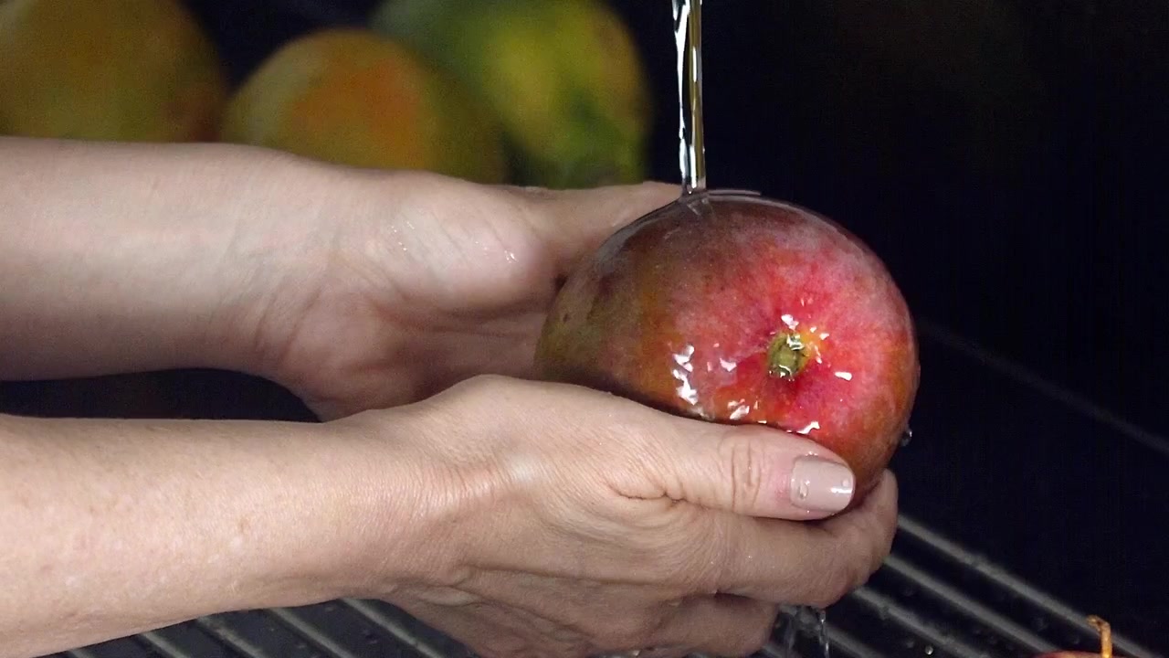 Mango ricco di nutrienti che viene lavato sotto acqua corrente pulita.