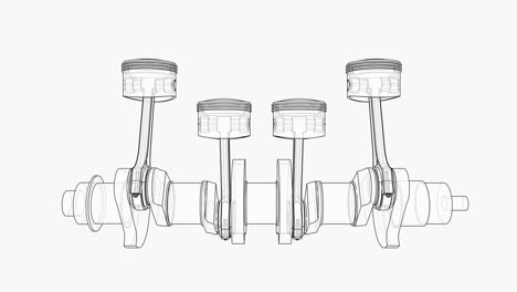 animation of crankshaft and four pistons. wire-frame or blueprint style