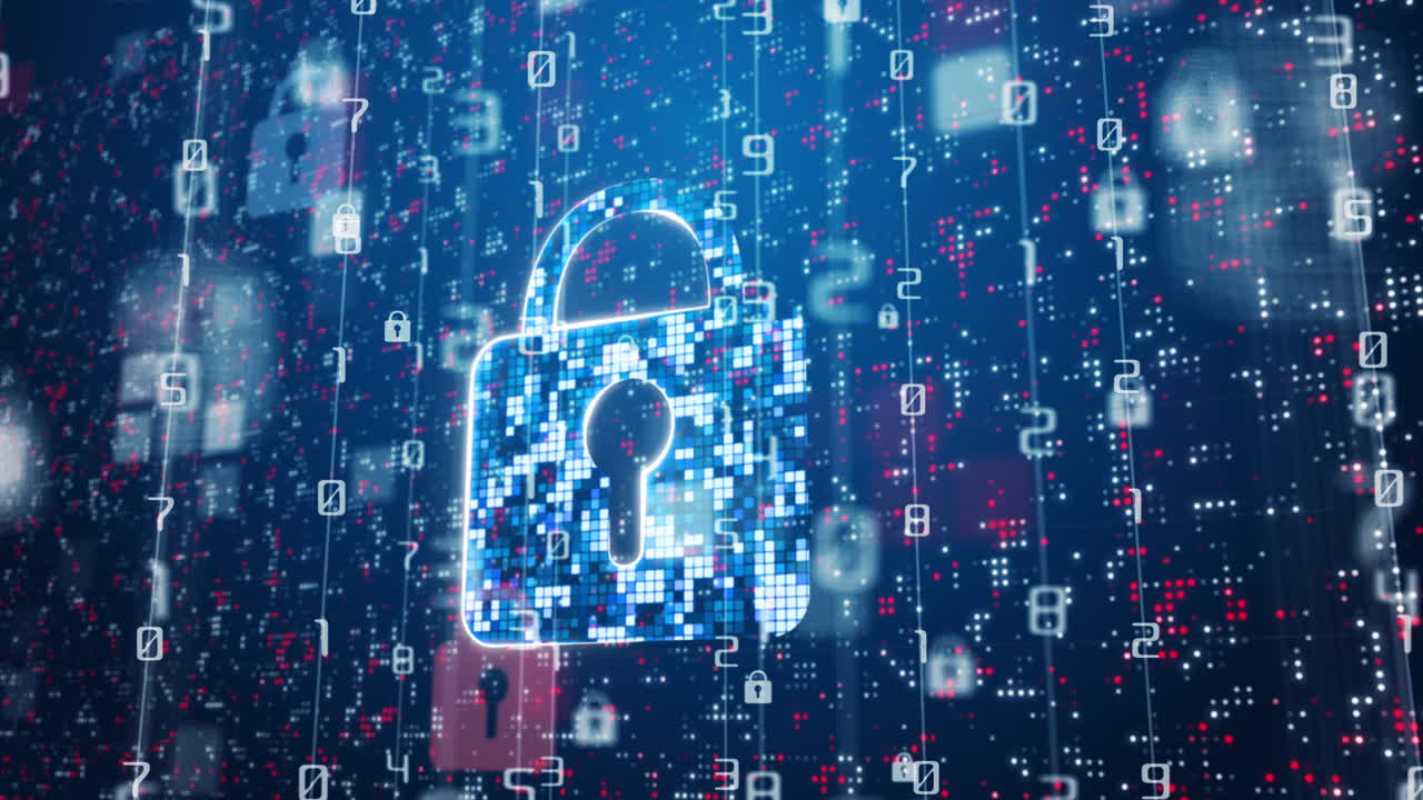 Digital padlock security symbol on blue background with flashing numbers and pixels. Cyber security and computer protection of digital data. Looped motion graphics.