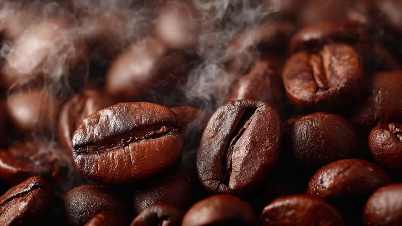 Rige aromatiske kaffebønner med stigende damp, der indfanger essensen af friskristet kaffe i fantastisk detalje og teksturel dybde.