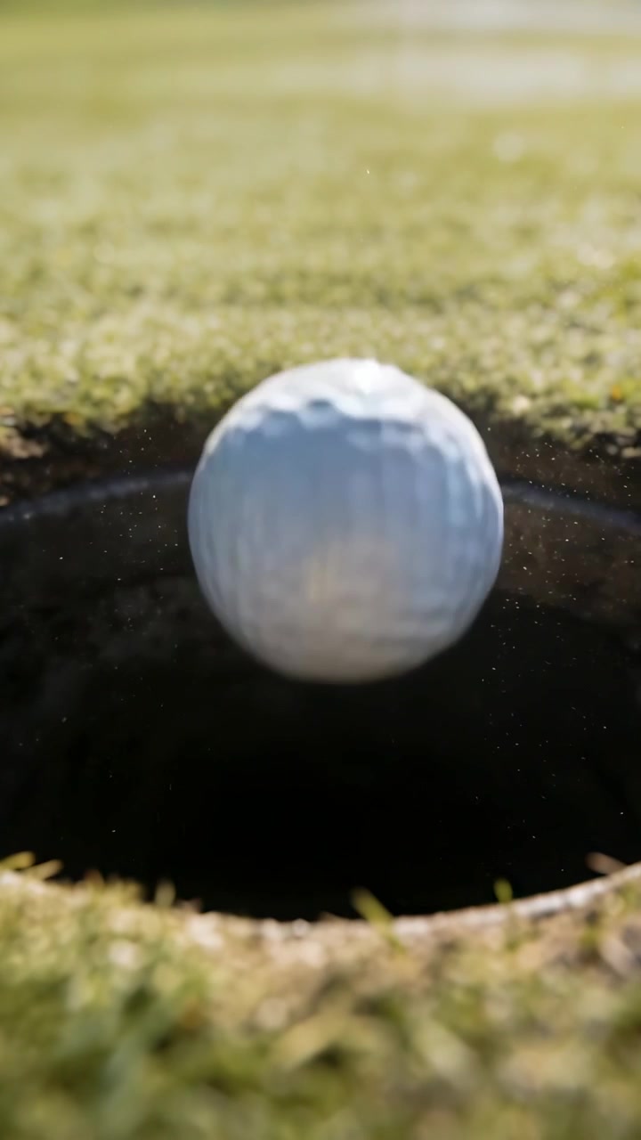 Video verticale: Colpo di putt che fa rotolare una pallina da golf bianca nella buca sul green, sollevando detriti d'erba