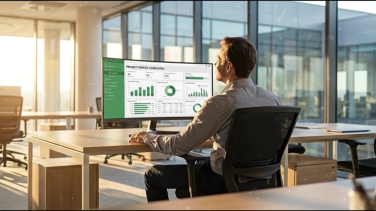 Businessman Analyzing Project Data on Computer in Modern Office