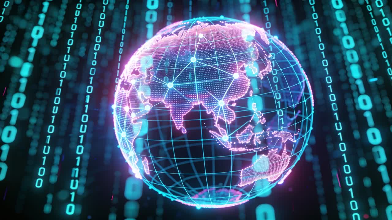 Rotating holographic globe on start, turning to show data flow, wireframe grid and pulsing nodes