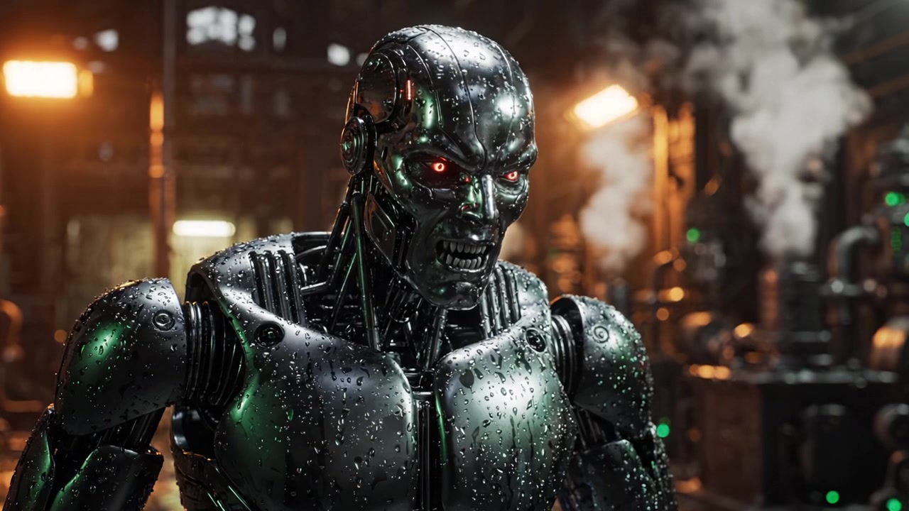 Una figura robótica amenazante brilla con gotas de agua en un entorno industrial oscuro, mostrando detalles intrincados, diseño mecánico y ojos rojos intensos que evocan tensión.