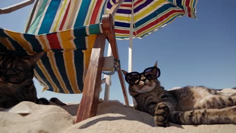 Low-angle shot of a relaxed cat wearing sunglasses on a sandy beach under a colorful umbrella