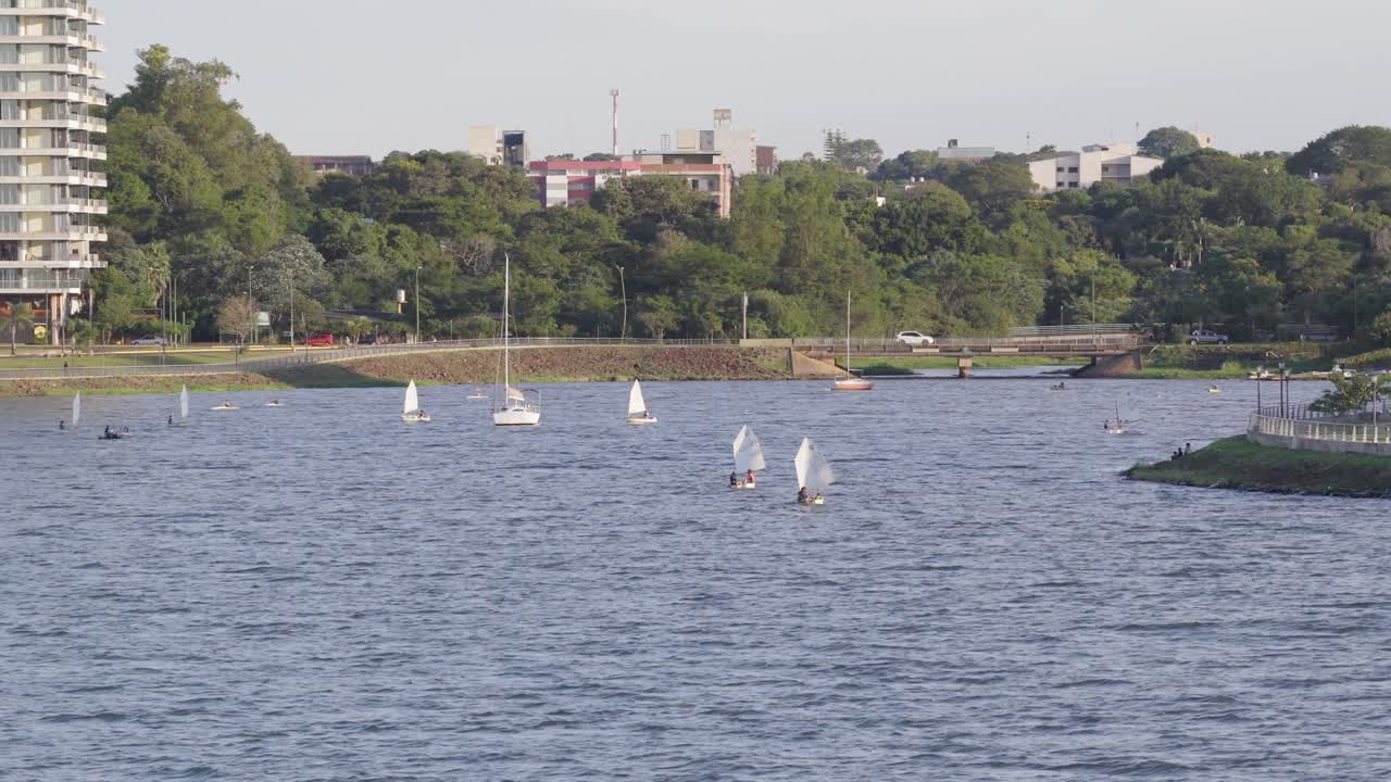 Aerial view of sailboats on Paraná River, luxury vacation in Argentina
