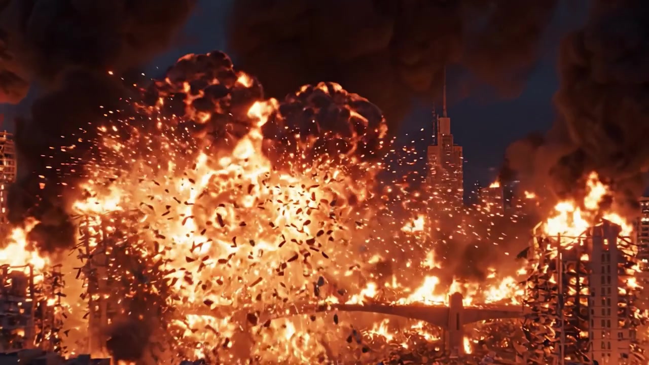 Un'enorme tempesta di fuoco urbana avvolge il paesaggio cittadino in un incendio caotico mentre le fiamme consumano gli edifici e il fumo scuro si innalza nel cielo, creando una scena di devastazione e distruzione.