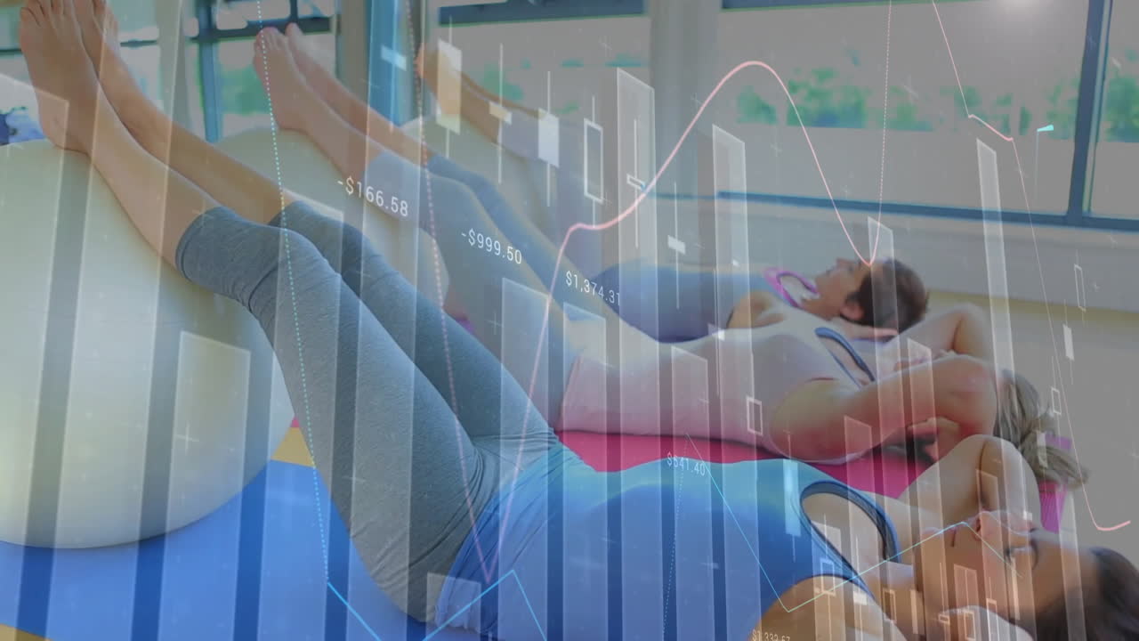 Three women performing abdominal crunches in fitness studio, overlaying financial chart animations