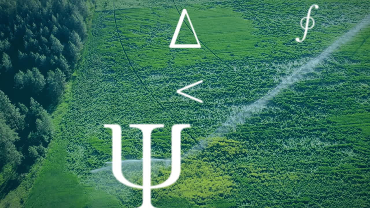 Irrigation pipe spraying green fields, featuring white Psi, triangle, less-than sign, cursive f