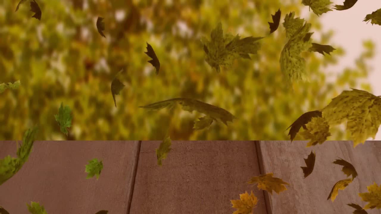 animación digital de múltiples hojas de otoño flotando sobre la superficie de madera contra el bosque