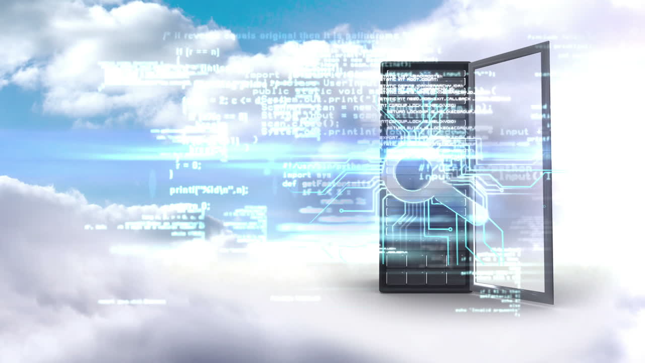 Server tower with magnifying glass on cloudy sky background 