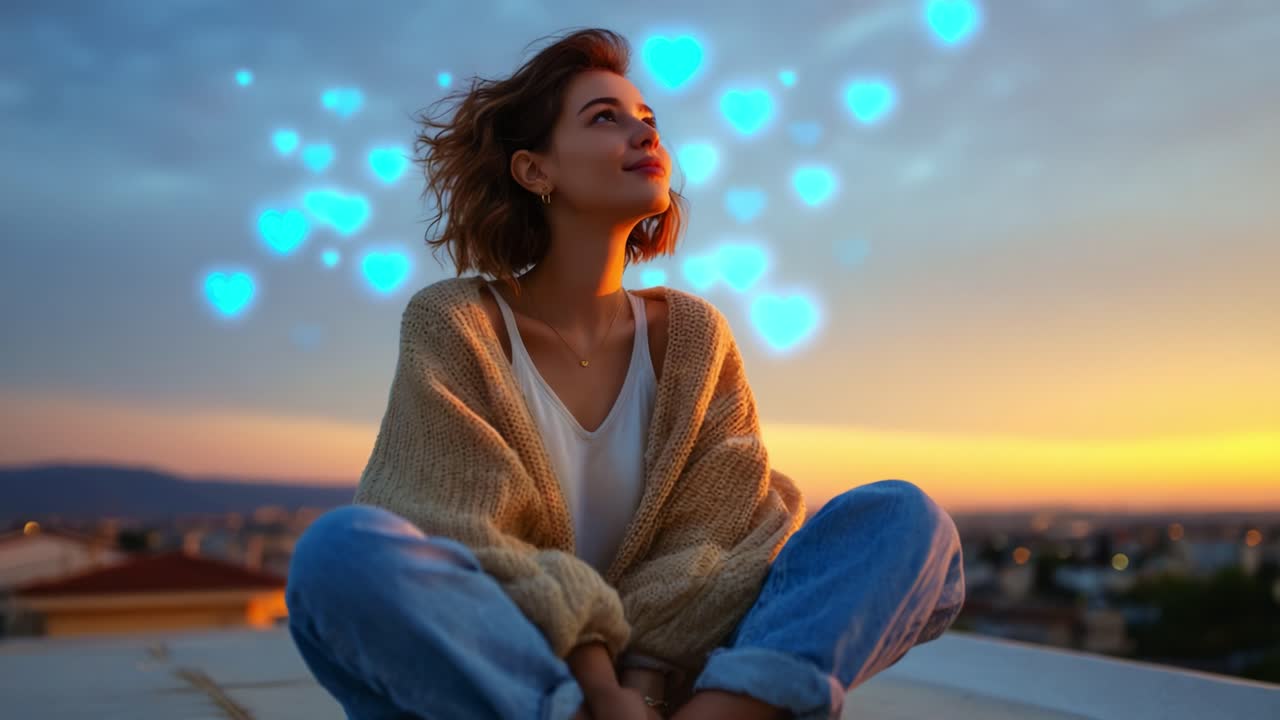 A Tranquil Woman Enjoying a Serene Sunset on a Rooftop Surrounded by Heart-shaped Bokeh, Capturing the Essence of Love and Inner Peace in a Beautiful Cityscape Background