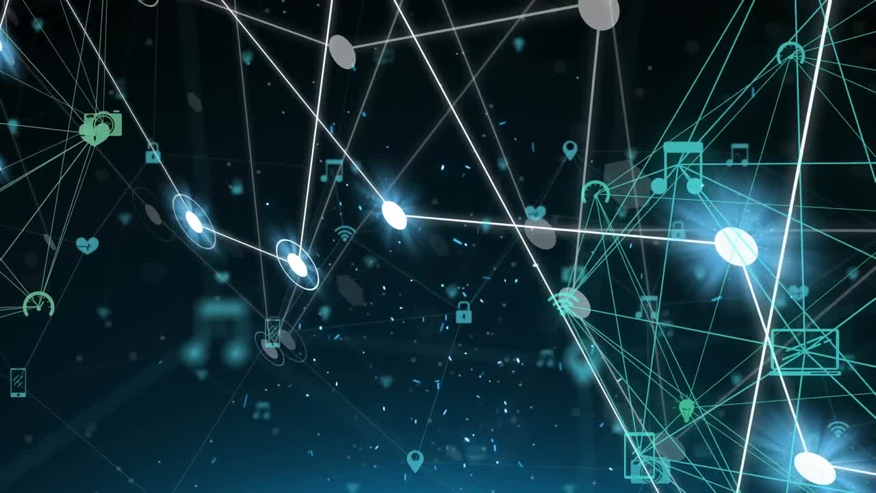 검은색 배경에 아이콘을 가진 연결 네트워크의 애니메이션