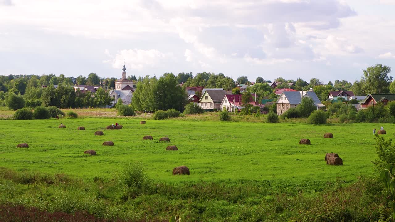 Summer landscape with green meadow and rural houses.