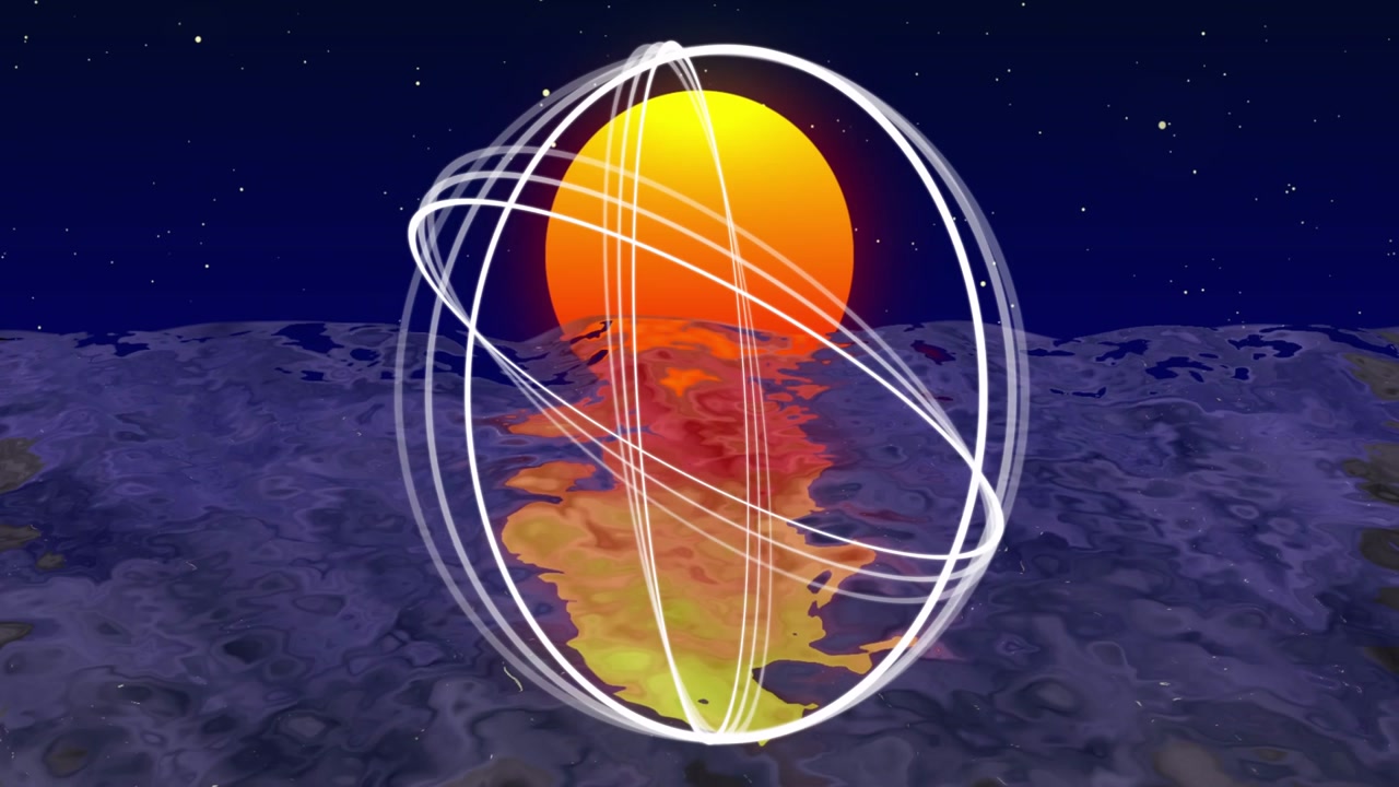 White orbital trails appearing, orange orb shifting and reflecting, representing orbital dynamics