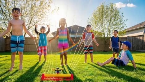children having fun in the sun: joyful moments splashing and playing with a water sprinkler in a vibrant backyard setting
