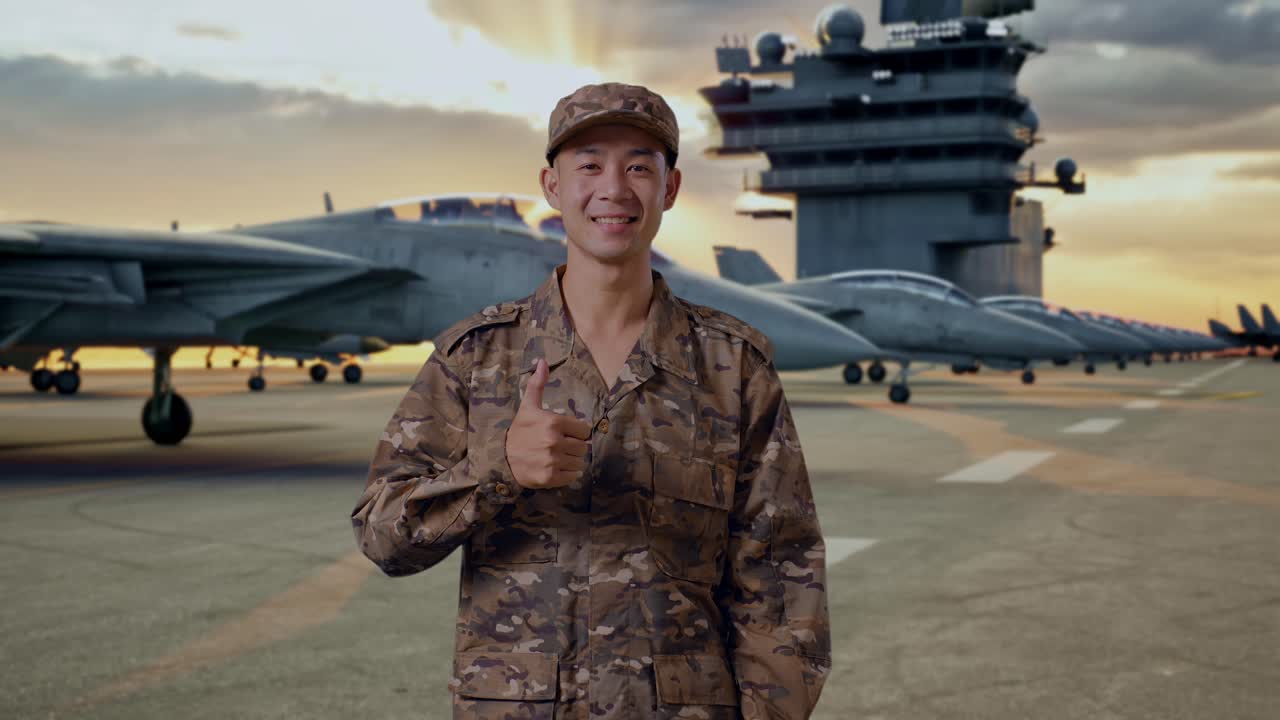 Military personnel giving thumbs-up on an aircraft carrier at sunset