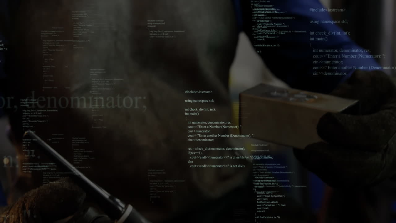 Male technician operating metallic power tool in tech workshop, showing floating C++ code streams