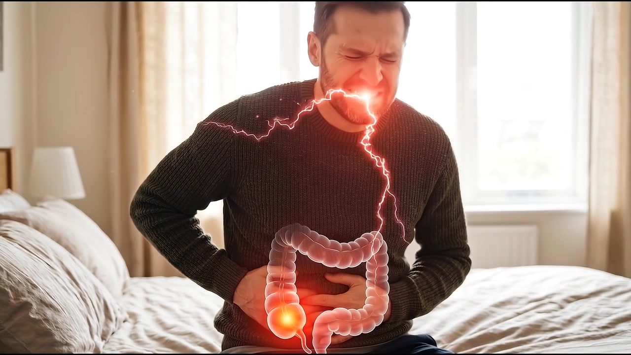 Uomo con forte dolore addominale e infiammazione del colon visualizzata