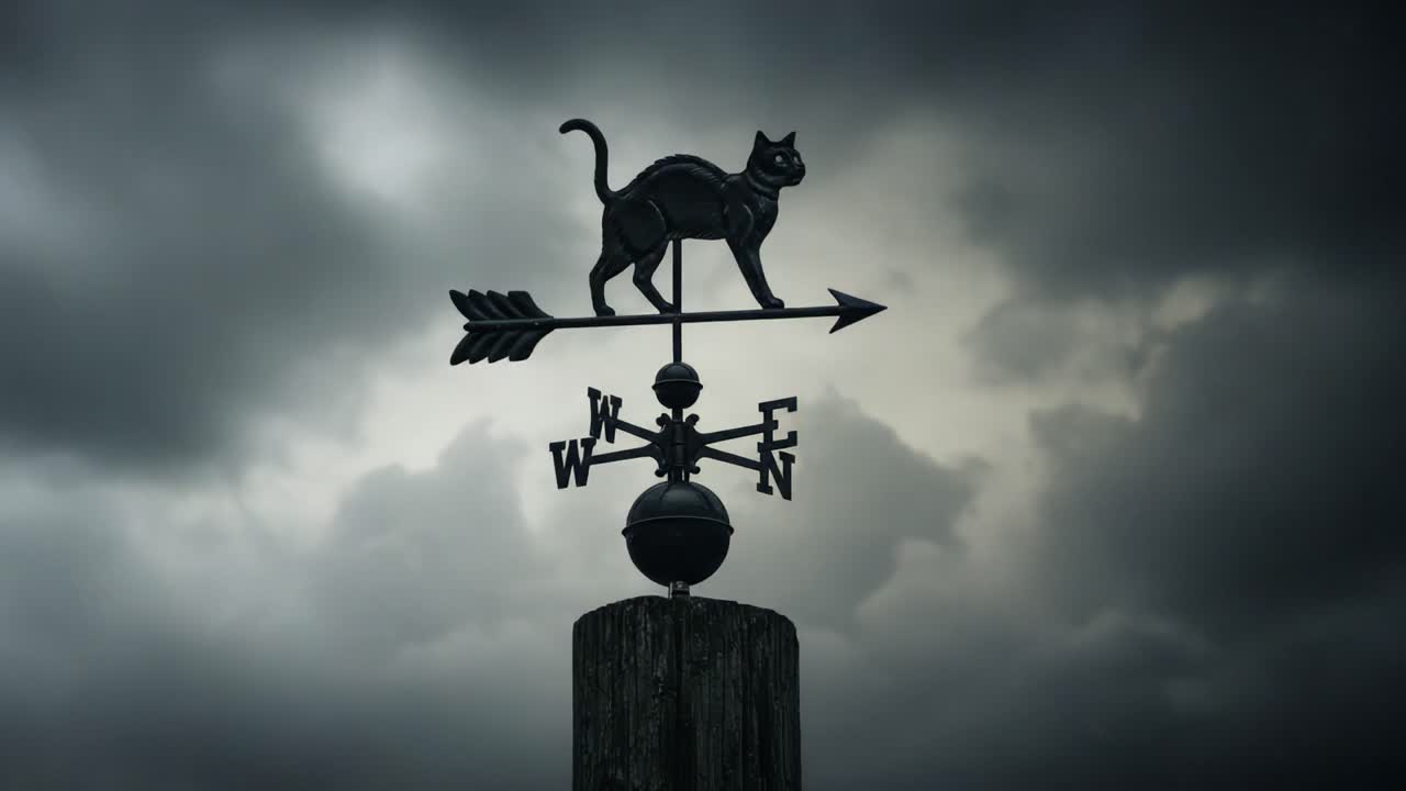 A striking silhouette of a cat weather vane set against a dramatic sky, showcasing the blend of functionality and artistry in a unique weather instrument
