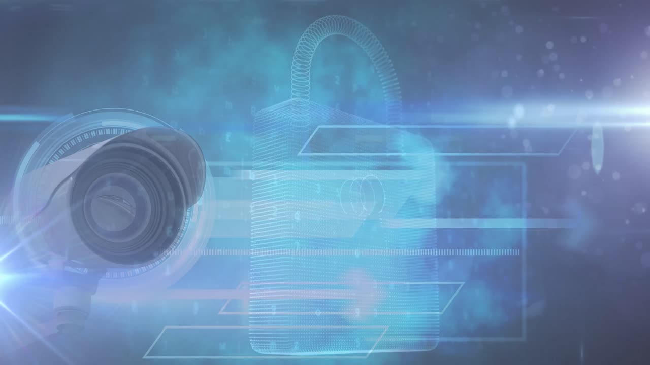 animación de un candado de seguridad digital en línea con una red de conexiones sobre fondo azul