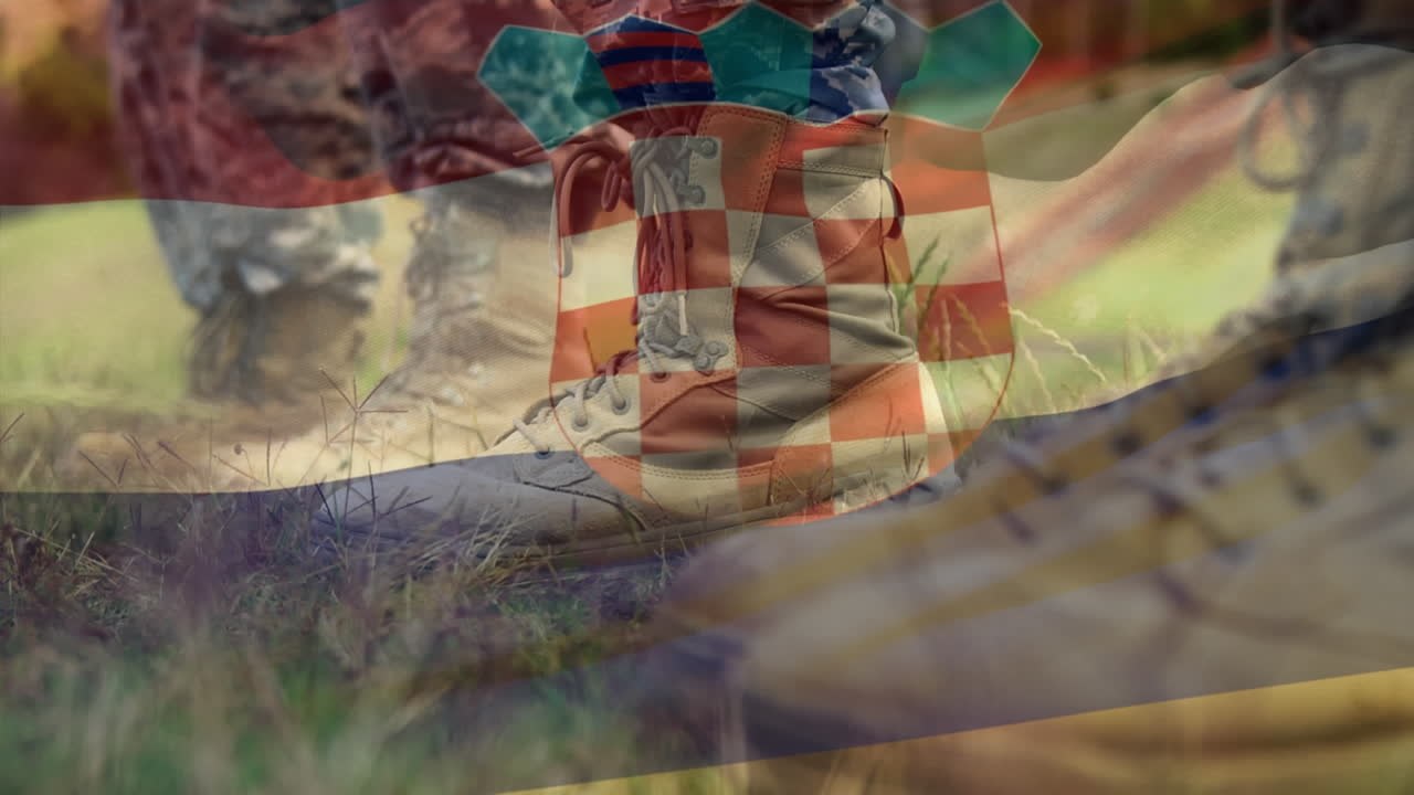 군복을 입은 군인들의 발 위에 크로아티아의 발이 그려져 있다.