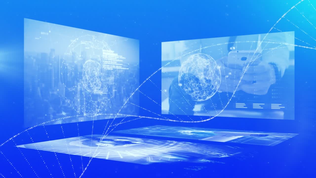 Animation of data processing over dna strand on blue background