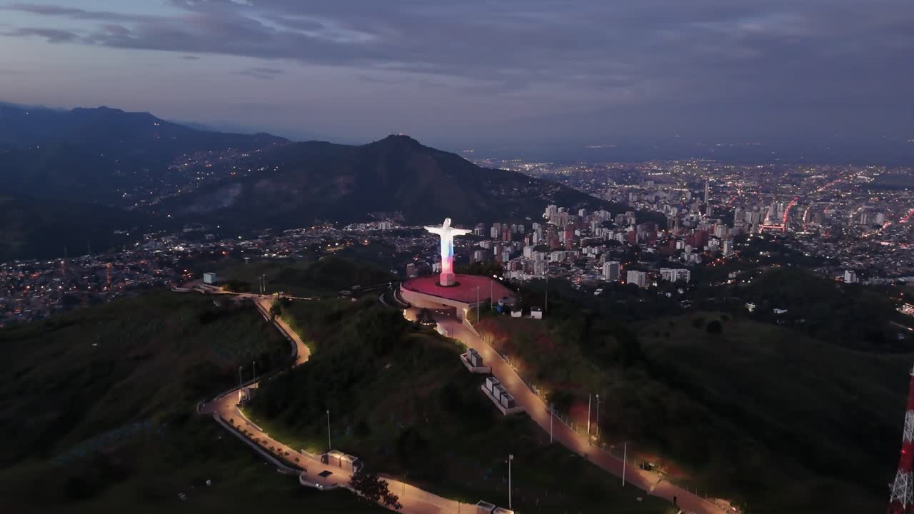 Night drone footage of Christ the King, Cali, Colombia