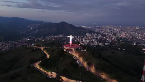 night drone footage of christ the king, cali, colombia