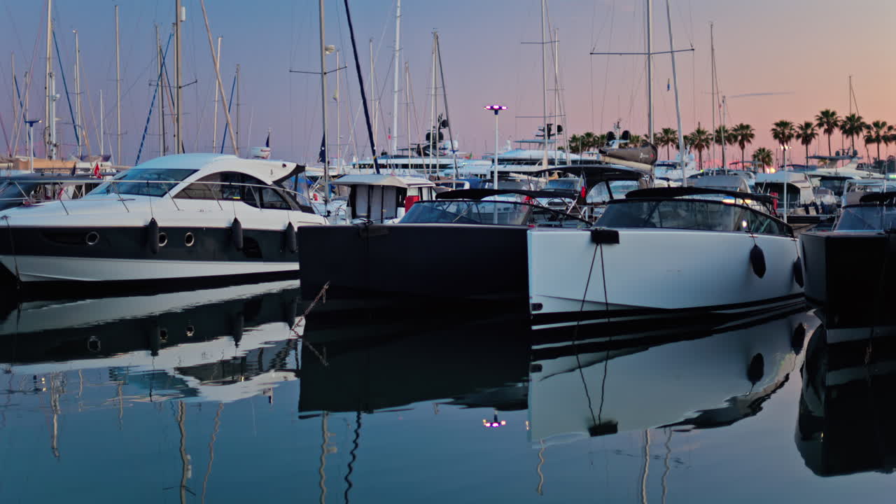 Multiple white boats docked in the Port Vauban at sunset in Antibes, France